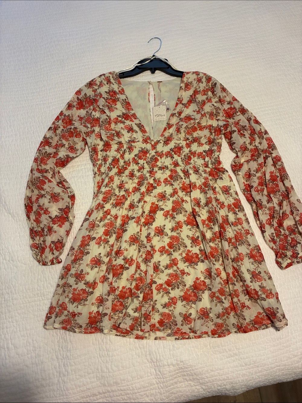 NWT Free People Floral V-Neck Long Sleeve Mini Dress Sz Medium